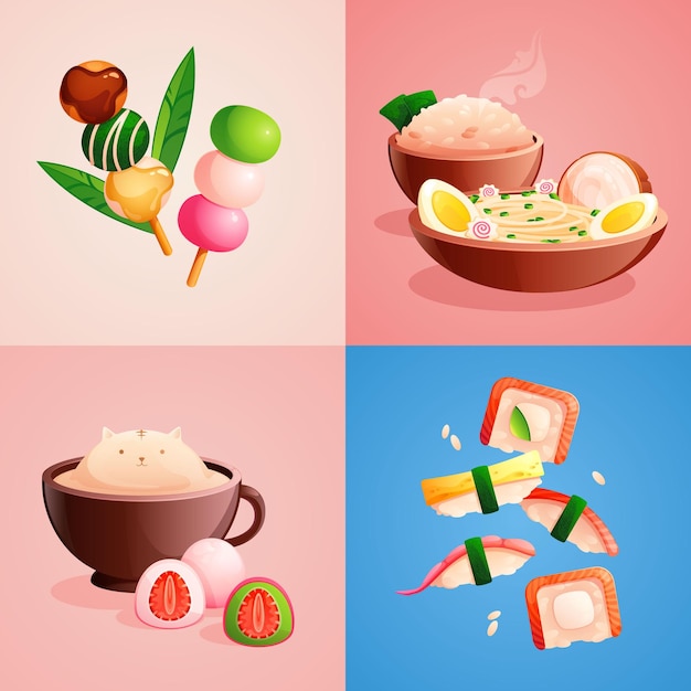 Бесплатное векторное изображение Азиатская еда популярные милые блюда плоские 2x2 набор изолированы на цветном фоне векторной иллюстрации