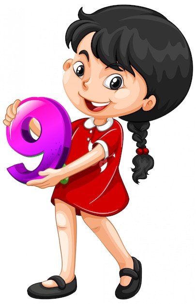 Asian girl holding math number nine