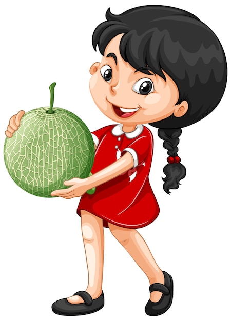 Free vector asian girl holding melon fruit in standing position