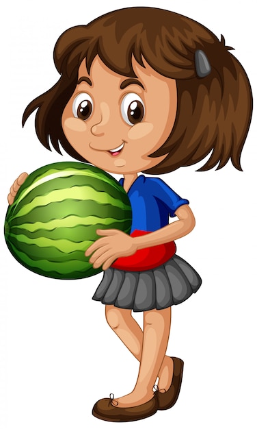 Free vector asian girl holding watermelon fruit in standing position