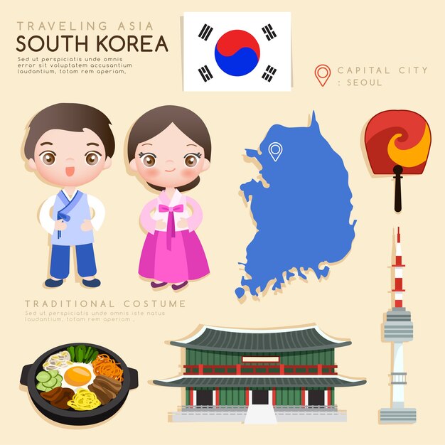 秋夕 韓国の男の子と女の子のキャラクターの漫画イラスト プレミアムベクター