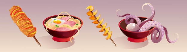 Free vector asian and korean food noodle and soup meal set