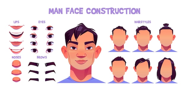 アジア人男性の顔の構造、頭の部分が白で隔離されたアバターの作成。男性キャラクターの目、鼻、髪型、眉毛、唇のベクトル漫画セット。スキンパック