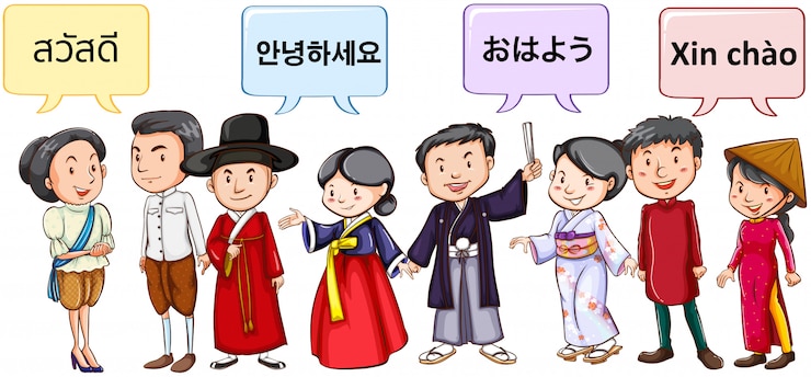 無料Vector アジアの人々がさまざまな言語で挨拶