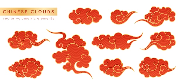 Asian realistic cloud set. traditional cloudy ornaments in chinese, korean and japanese oriental style