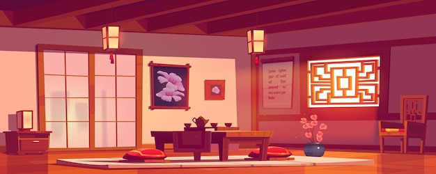 Asian restaurant, chinese or japanese cafe empty interior in traditional style with table served for tea ceremony, sakura flowers, low desk with pillows on floor, cafeteria cartoon vector illustration