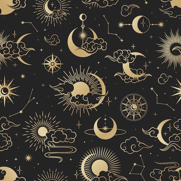 Asian seamless pattern with clouds, moon, sun, stars . vector collection in oriental chinese, japanese, korean style.