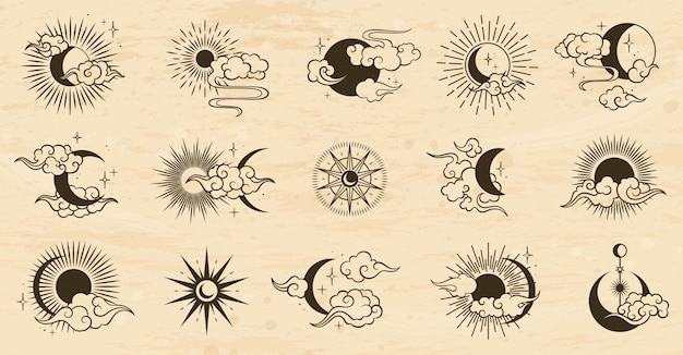 Asian set with clouds, moon, sun and  stars . vector collection in oriental chinese, japanese, korean style.