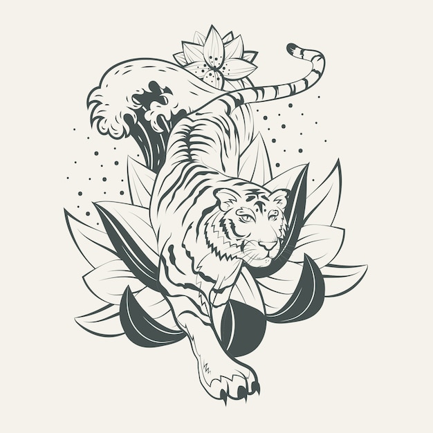 Vettore gratuito illustrazione del tatuaggio della tigre in stile asiatico