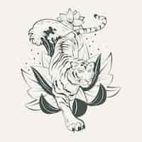 Vettore gratuito illustrazione del tatuaggio della tigre in stile asiatico