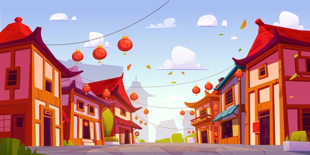 Free vector asian town street with buildings along road vector cartoon illustration of old chinese buildings shops cafe traditional restaurants decorated with red paper lanterns white clouds in blue sky