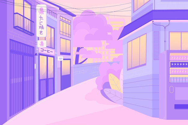 Asian traditional street in pastel colors