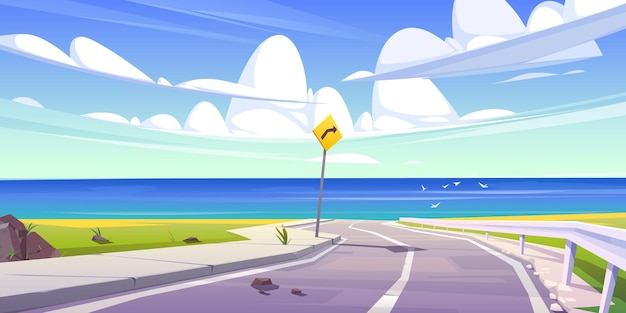 Asphalt road with seaview and blue sky with fluffy clouds curly empty highway at summer countryside landscape with turn sign cartoon scenic background with speedway and ocean vector illustration