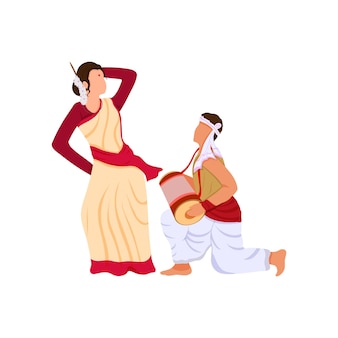 ドールを演奏するアッサム人の男性と白い背景で踊る女性。