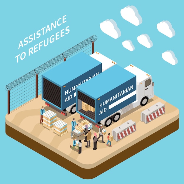 Free vector assistance to refugees isometric background