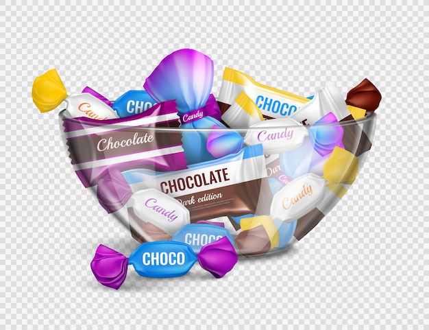 Vettore gratuito caramelle di cioccolato assortite in involucri di alluminio in una ciotola di vetro realistica composizione pubblicitaria contro trasparente