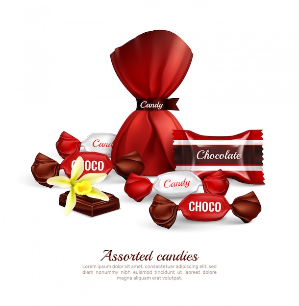 Ассорти из шоколадных конфет в красочной фольгированной упаковке со свежими ванильными цветочными буквами реалистичной рекламной композиции Бесплатные векторы