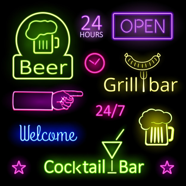Assorted Glowing Colorful Neon Lights for Bar Signs on Black Background