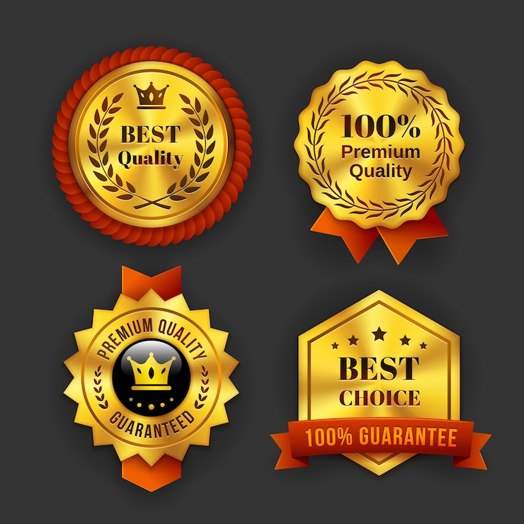 Free Vector assorted gold guaranteed business labels isolated on gray background.