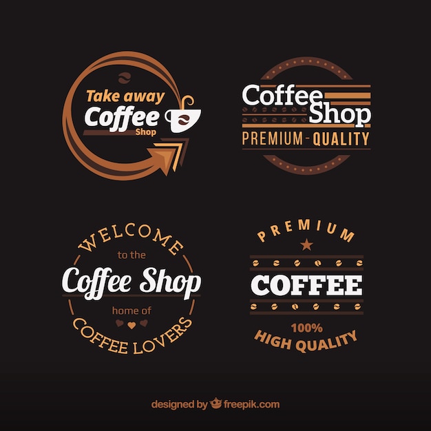 Assortment of coffee badges with white details