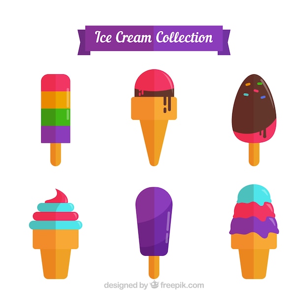 Assortment of colored ice creams in flat design
