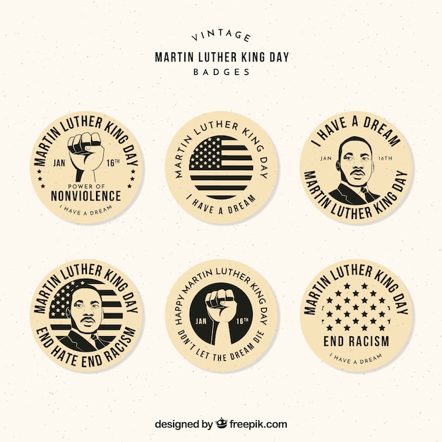 Assortment of decorative badges for martin luther king day in vintage style