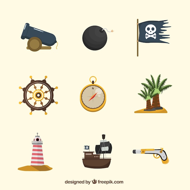 Ассортимент декоративных пиратских элементов в плоском дизайне