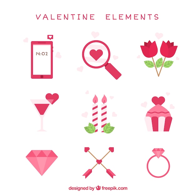 Assortment of decorative valentine items in flat design