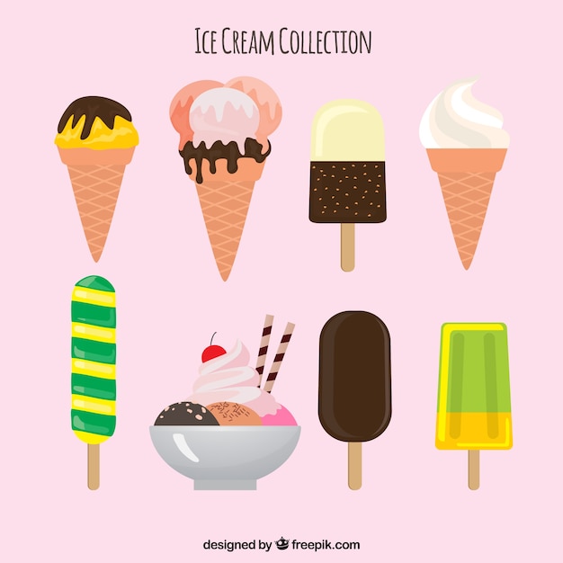 Assortment of eight summer desserts in flat design