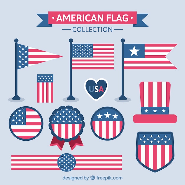 Assortment of flat items with american flag