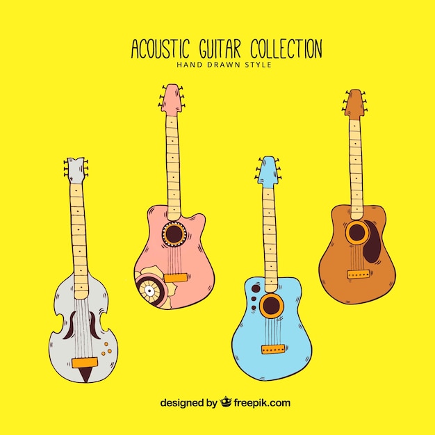 Assortment of four colored acoustic guitars in hand-drawn style