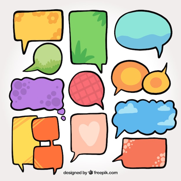 Assortment of hand drawn colored speech bubbles
