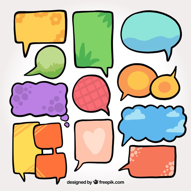 Assortment of hand drawn colored speech bubbles