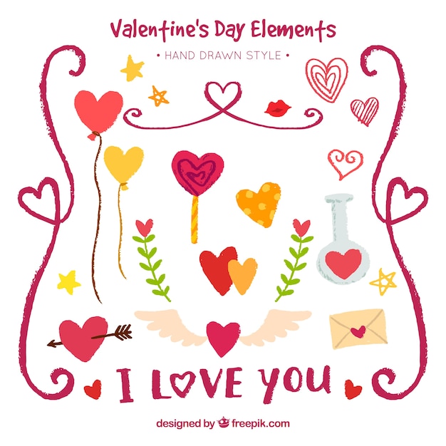 Free vector assortment of hand-drawn colorful elements for valentine's day