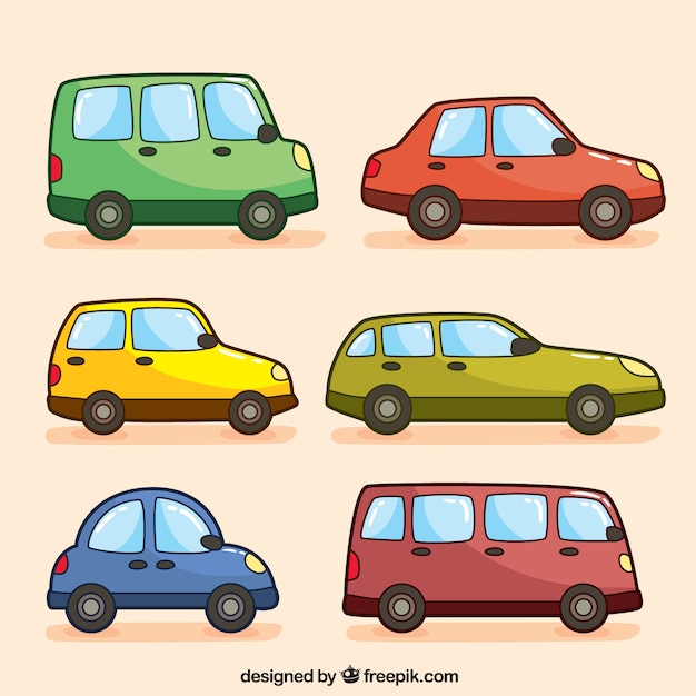 Assortment of hand-drawn colorful vehicles