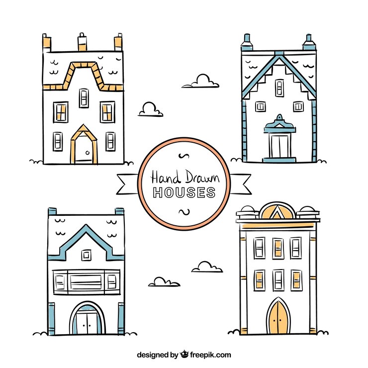 Free Vector assortment of hand-drawn houses with color details