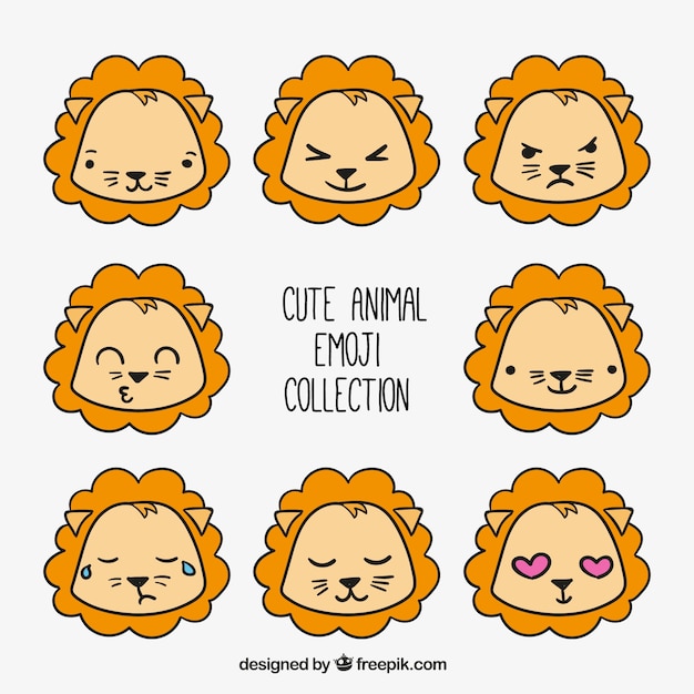 Free vector assortment of hand-drawn lion emojis