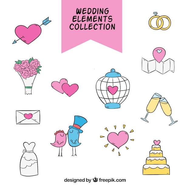 Assortment of hand drawn wedding objects