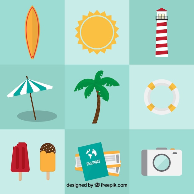 Assortment of nine summer objects in flat design