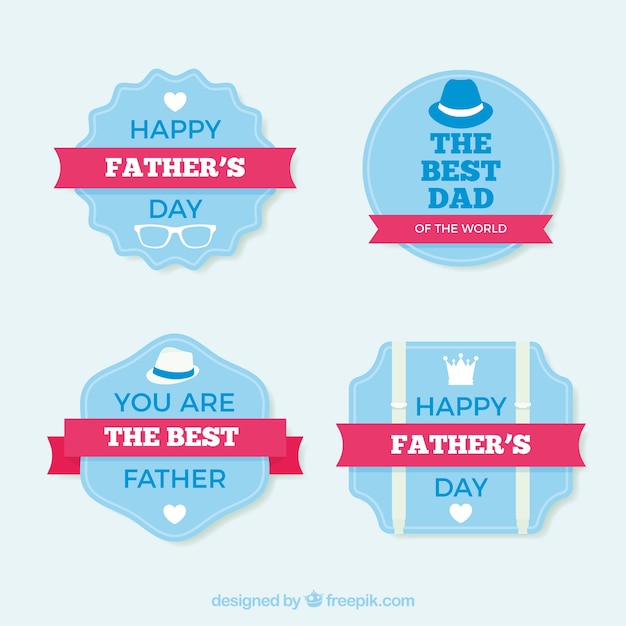 Бесплатное векторное изображение Ассортимент синих наклеек с розовыми лентами на день отца