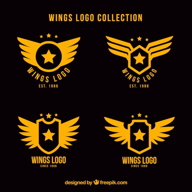 Бесплатное векторное изображение Ассортимент плоских логотипов со звездами и крыльями
