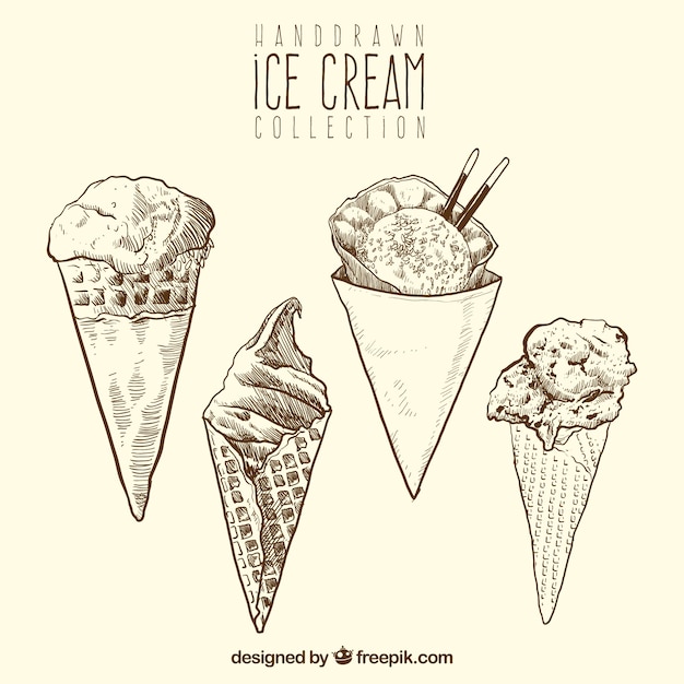Бесплатное векторное изображение Ассортимент рисованных конусов мороженого