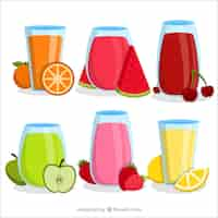 Free vector assortment of six fruit juices in flat design