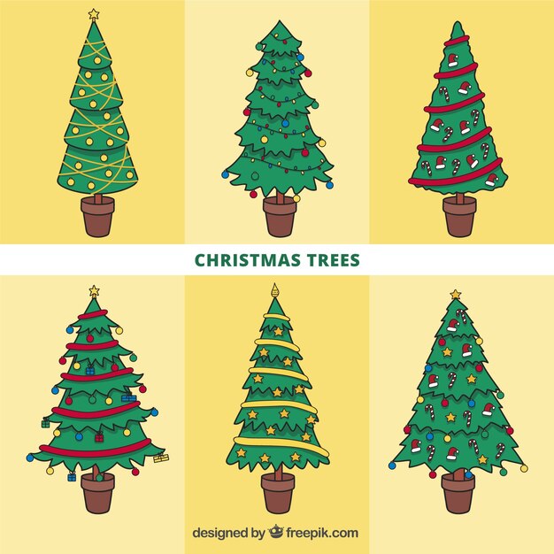6手描きの装飾クリスマスツリーの盛り合わせ