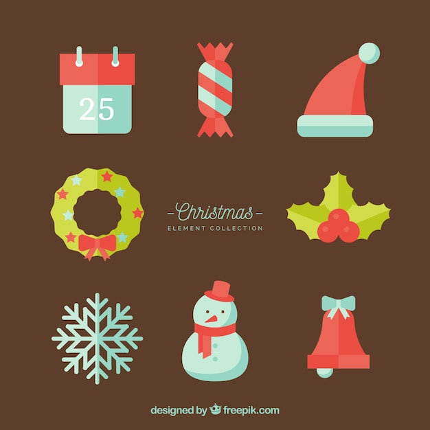 Assortment of vintage christmas elements in flat design