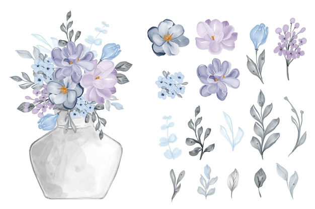 Assortment of watercolor leaves and flowers lilac