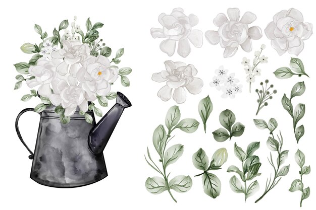 Assortment of watercolor leaves with gardenia white flower