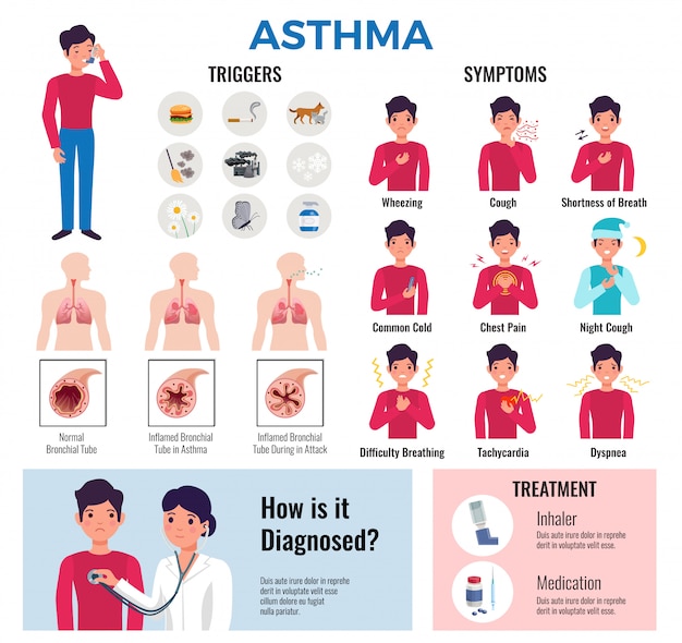 Free vector asthma chronic disease flat infographic elements collection with triggers symptoms causes diagnosis medication and treatment