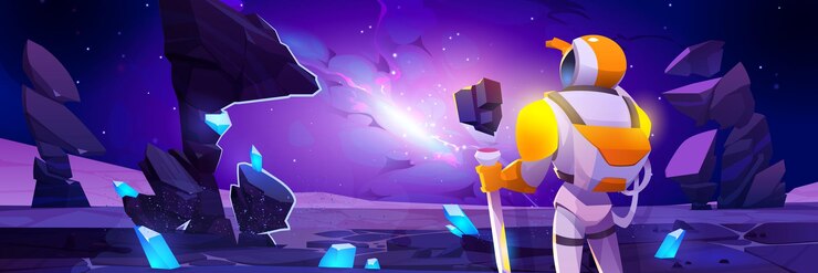Free Vector astronaut on alien planet look at blast in sky