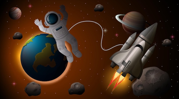 Бесплатное векторное изображение Астронавт и космический корабль в космической сцене